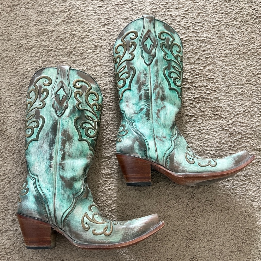 Corral Teal Turquoise Cord Stitch Cowboy Boots Size 9 - Picture 4 of 8